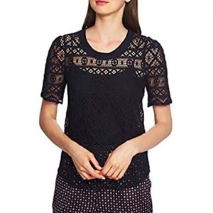 1.STATE NAVY BLUE LACE T-SHIRT SHORT SLEEVE SHEER FLORAL TOP